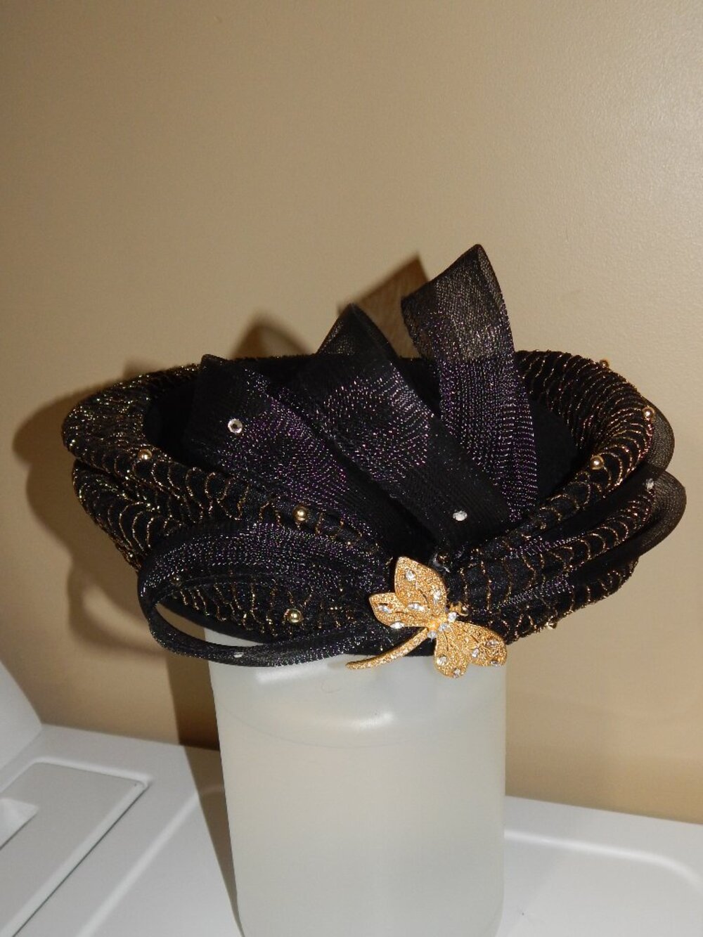Vintage Mr. Hi's Classic Black & Gold Dragonfly Rhinestone Church Derby Hat